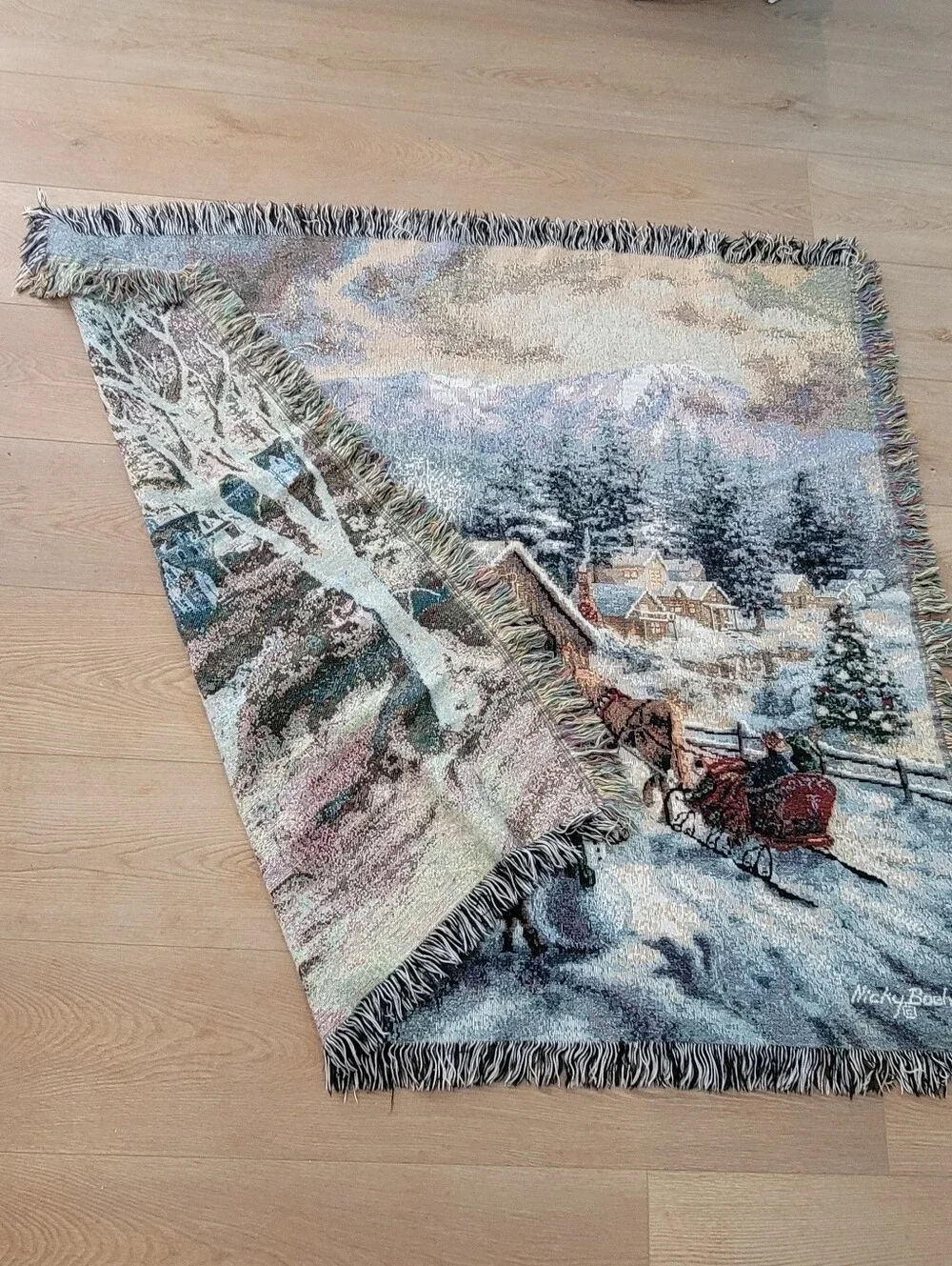 Nicky Boehme Covered Bridge Christmas Woven Tapestry Sleigh Ride Throw Blanket